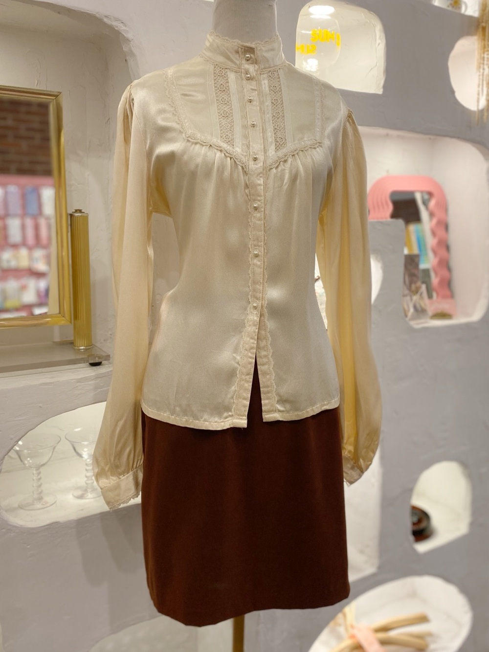 70s Vintage Shamash & Yofi Gunne Sax Style Cream Satin Prairie Button Up Blouse